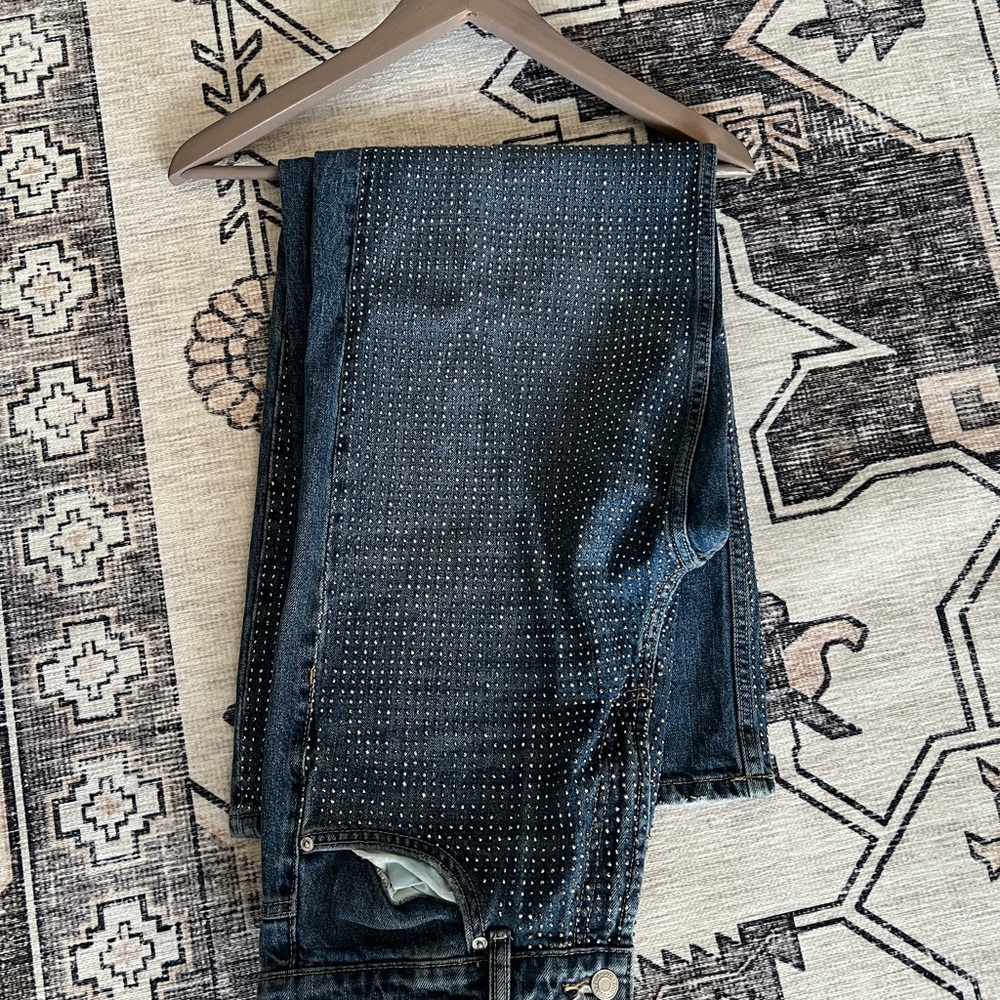 Zara Women's Dark Blue Studded Flare Jeans